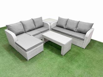 Fimous Outdoor Garden Furniture Sets 7 Seater Wicker Rattan Furniture Sofa Sets w/ Oblong Coffee Table high Back Lounge Sofa Big Footstool Side Table