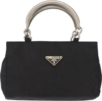 Prada Metal Handles Tote Tessuto Black Nylon Handbag (Pre-Owned)