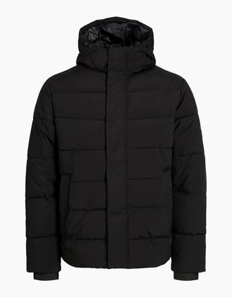 Jack & Jones Mens Solid Patterned Hooded Ribbed Cuff Puffer Jacket - Black - Size: 44/Regular