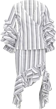 Caroline Constas ruffled stripes wrap top high low skirt set