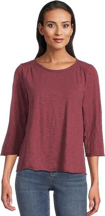 Mod-o-doc 3/4 Sleeve Waffle Mix Media Open Crew Neck T-Shirts Womens Clothing Zinfandel : SM (US 4-6), Cotton