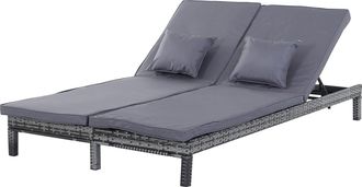 OUTSUNNY 2 Person Rattan Lounger Adjustable Double Chaise Chair w/ Cushion Grey | TJ Hughes