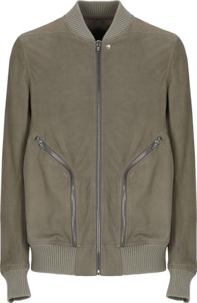 Rick Owens Grey Leather Bomber Jacket With Choker Collar And Ribbed Details