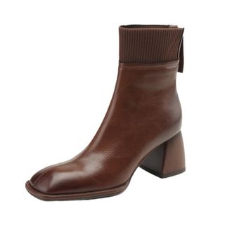 Generic Womens PU Leather Ankle Boots Square Toe Ribbed Knit Cuff Flared Block Heels Side Zipper Soft Lining Cushioned Insole Durable Non-Slip Outsole,Brown,3