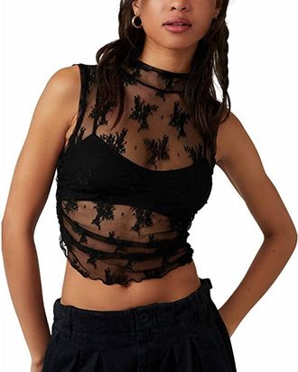Free People Solid Nice Try Muscle Tank Top Womens Clothing Black : MD (Womens 8-10), Lace/Sheer