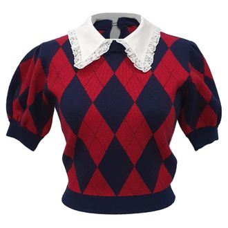 Alessandra Rich Argyle Short Sleeve Knit Top in Multicolor Viscose