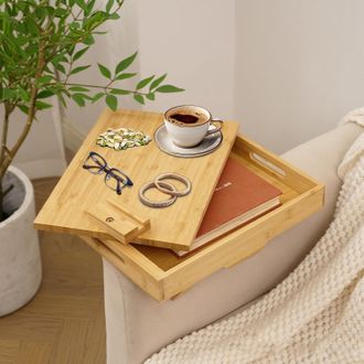 OEM Bandeja Flexible De Madera De Bamb&uacute; Para Sof&aacute;, Portavasos, Reposabrazos De Dos Posiciones, Mesa Con Tablero Giratorio De 360&deg; Y Soporte Para Tel&eacute;fono 