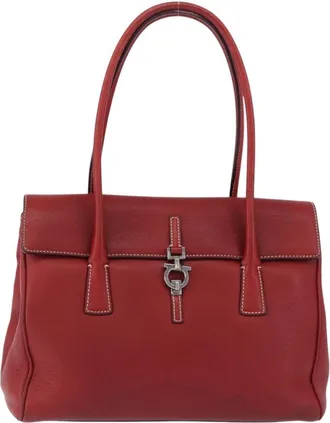Ferragamo Gancini Top Handle Leather Red Leather Handbag (Pre-Owned)