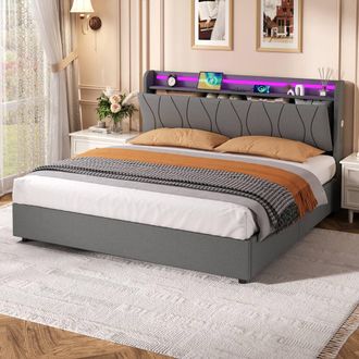 Merax 5ft King Upholstered Bed Frame with Hydraulic Storage, LED, Linen in Grey