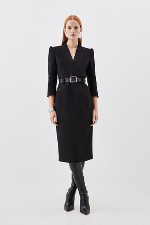 Karen Millen Womens Compact Stretch Tailored Forever Belted Midi Dress - Black - Size 6 UK