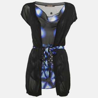 Roberto Cavalli Black/blue Print Silk & Knit Sleeveless Belted Top