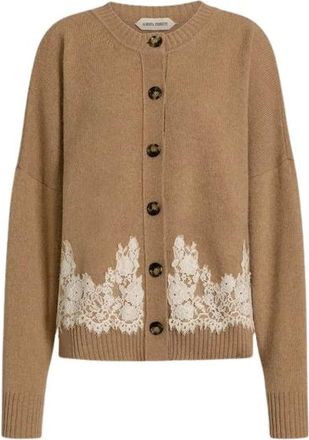 Alberta Ferretti Truien & Vesten, Dames, Beige, M, Kasjmier, Cashmere Cardigan met kanten inzet