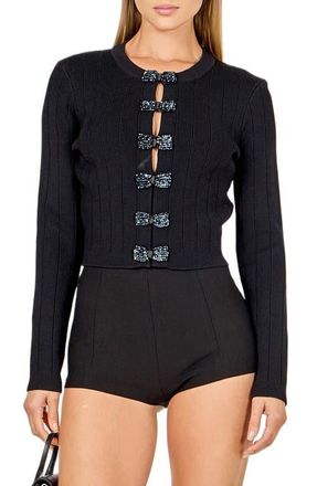 endless rose Bow Detail Crop Rib Cardigan in Black at Nordstrom, Size X-Small