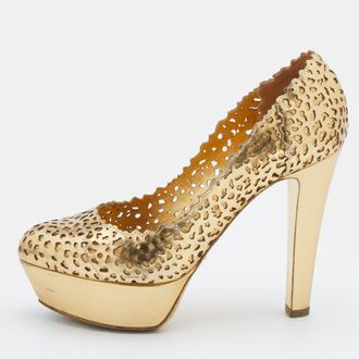 Sergio Rossi Metallic Gold Laser Cut Leather Platform Pumps