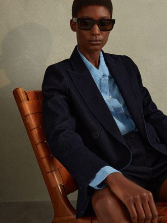 Reiss Maya Blazer Cotton Plain, Dark Blue Size: 10