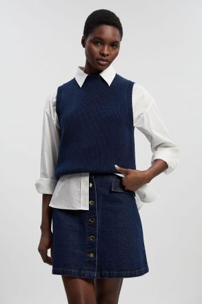 Karen Millen Womens Denim Button Front Mini Skirt - Indigo Blue Cotton - Size 12 UK