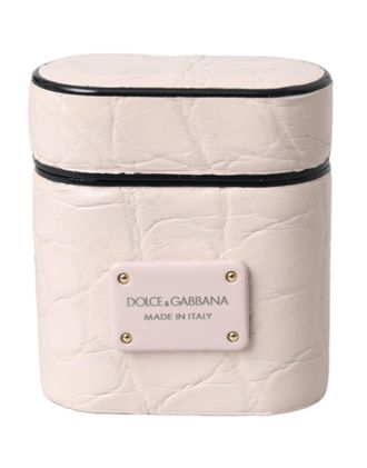 Dolce & Gabbana Light Pink Leather Metal Logo Plaque Airpods Case Caiman Accessory
