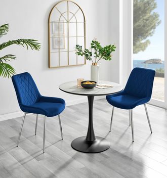 Furniturebox Elina White Marble Effect Scratch Resistant Dining Table & 2 Pesaro Silver Leg Velvet Chairs in Navy