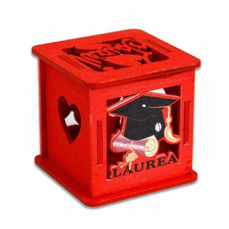 Trade Shop Trade Shop - Scatolina Cubo In Legno Rosso Con Coperchio Porta Confetti Bomboniera Per Laurea