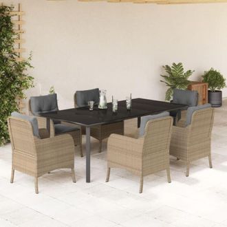 vidaXL 7 Piece Garden Dining Set with Cushions Beige Poly Rattan vidaXL