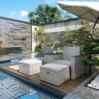 OUTSUNNY 5 Piece Rattan Garden Furniture Set w/ Storage Table, Grey