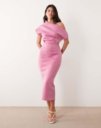 Asos Vestito midi rosa in tessuto stile scuba con scollo appariscente
