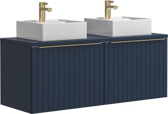 Vente-Unique Mueble de ba&ntilde;o suspendido dos lavabos estriado azul - 120 cm - JOSEPHA