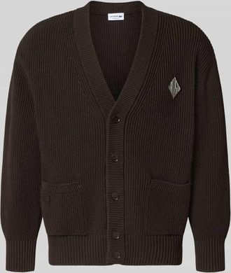 Lacoste Relaxed Fit Strickjacke aus Baumwoll-Mix Modell COTES PERLEES in Schoko, Gr&ouml;&szlig;e XXXL