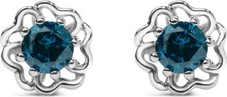 House of Brilliance 925 Sterling Silver 1/2 Cttw Blue Diamond with Openwork Floral Halo Stud Earrings