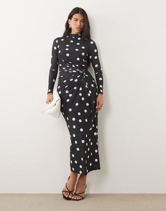 Daska Vestito lungo a maniche lunghe accollato elasticizzato nero a pois con dettaglio attorcigliato-Multi