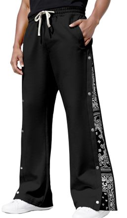 Feoya Wide Leg Joggers Men Baggy Sweatpants Printed Tracksuit Jogging Bottoms with Snap Buttons Drawstring Gym Workout Flare Trousers Black XL