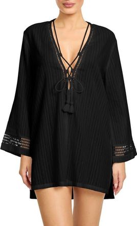 Robin Piccone Marina Lace-Up Cover-Up Tunic in Black at Nordstrom, Size X-Small