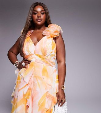 Asos Curve - Vestito corto in organza arricciato con stampa color albicocca-Arancione