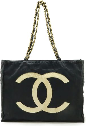 Chanel Black White Nylon Shoulder Bag Tote Bag (Pre-Owned)