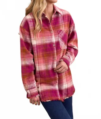Tribal Oversized Flannel Fringed-Hem Shirt In Plumwine