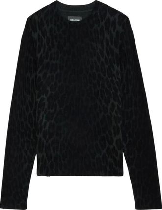 Zadig&Voltaire Cashmere Knitwear, female, Black, Size: L Leopard Print Dark Green Cashmere Sweater