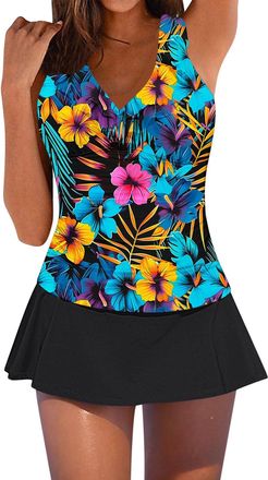 Generic Swimming Costume Women Tankini Sets for Women UK Two Piece Tummy Control with Skirt V Neck Bathing Suit Summer Beach Wear Swimsuits Blue XL