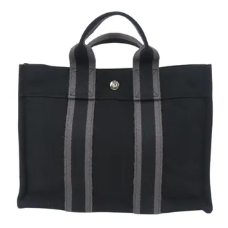Herm&egrave;s Black Gray Cotton Canvas Tote Bag (Pre-Owned)