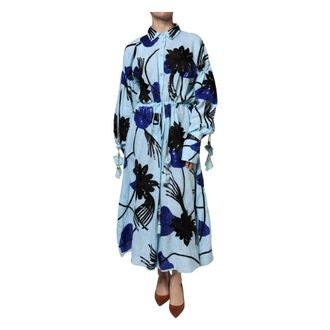 Christian Pellizzari Floral Embellished Shirt Maxi Jurk - Dames - Maxi kleedjes - Blauw - M - Linnen - Kleedjes
