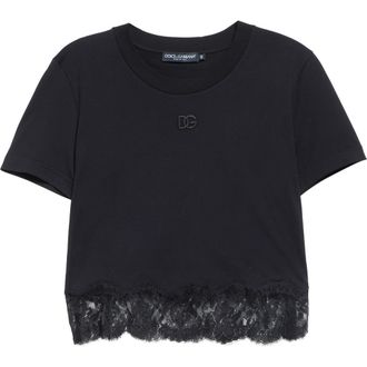 Dolce & Gabbana Logo Embroidered Lace Trim T-Shirt in Nero at Nordstrom, Size 44