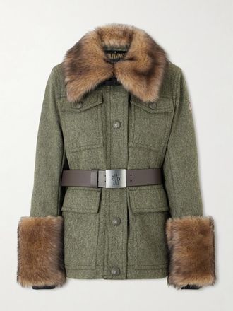 Moncler Giacca Da Sci In Gabardine Di Lana Con Finiture In Shearling Devez - Verde