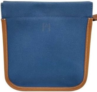 Herm&egrave;s Brown Navy Canvas Leather Pouch (Pre-Owned)