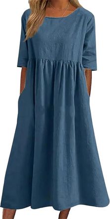 Generic Womens Summer Cotton Linen Dresses Short Sleeve Tshirt Midi Dresses Plus Size Casual Linen Boho Beach Dress with Pocket Dark Blue