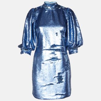 Ganni Ganni Blue Sequined High Neck Mini Dress