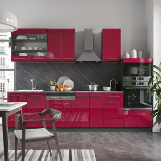 Vicco Mueble De Cocina Fame-line, Burdeos Brillo Intenso/antracita, 300 Cm Con Armario Alto, Et M&aacute;rmol