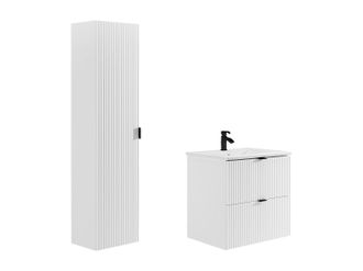 Vente-Unique Mueble de ba&ntilde;o suspendido estriado con lavabo encastrado y columna - Blanco mate - 60 cm - ZEVINI