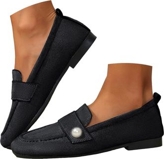 Generic Womens Faux Suede Loafers Casual Shoes for Women Slip On Ballet Flats Pearl Decor Lightweight Walking Shoes Fashion Low Top Square Toe Dating Work Lei