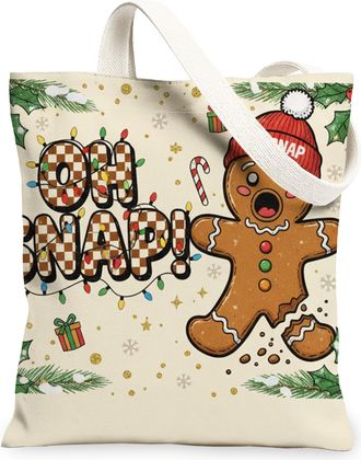 Generic Gingerbread Christmas Canvas Tote Bags, Fun Holiday Pattern Reusable Bags, Winter Lightweight Washable Shoulder Strap, Beige, 13x15 Inch