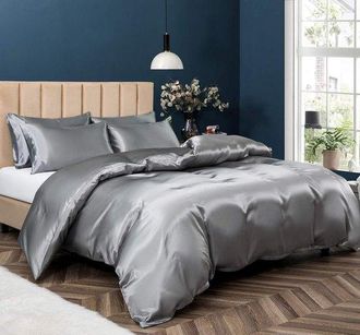 OEM Juego De Ropa De Cama De Sat&eacute;n - Juego De Funda N&oacute;rdica - Sue&ntilde;o Confortable - Material Suave Y Sedoso - Tama&ntilde;o Matrimonial/queen - Gris