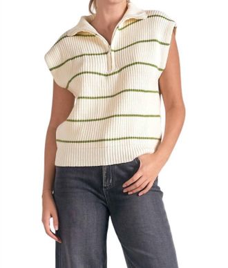 Elan Stripe Zip Front Sweater In Beige Green